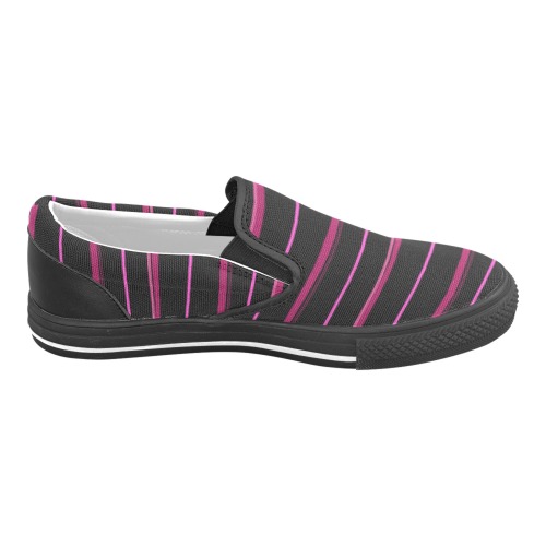 Candy Lipstick Hot Pink Stripes on Black Women's Unusual Slip-on Canvas Shoes (Model 019)
