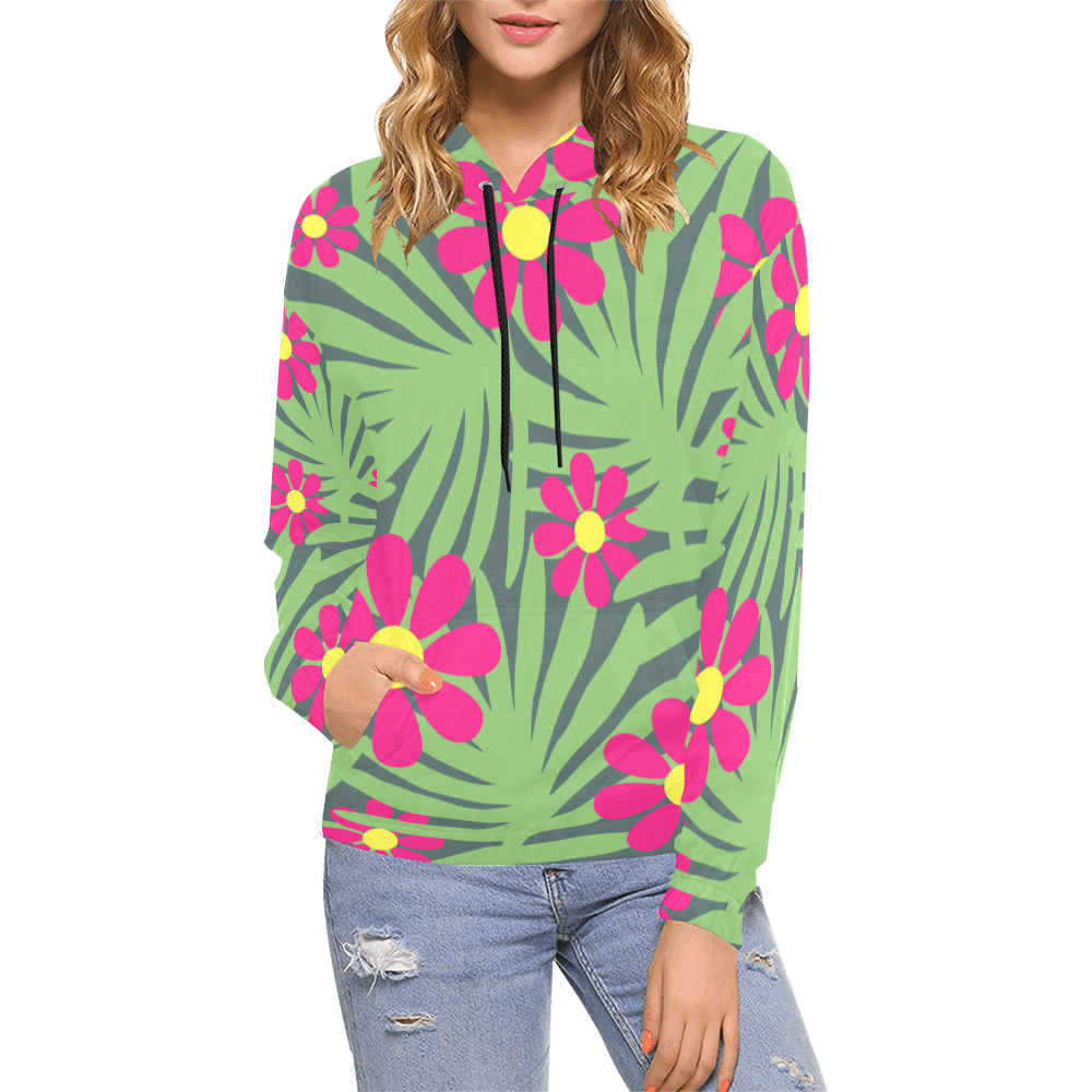 Pink Exotic Paradise Jungle Flowers and Leaves All Over Print Hoodie for Women (USA Size) (Model H13)