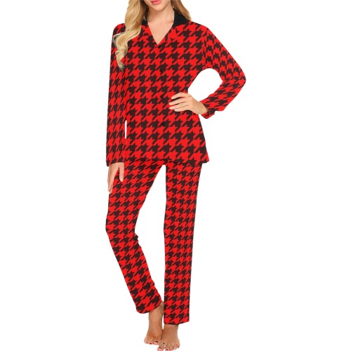 Black and Red Tight Houndstooth Pattern Women's Long Pajama Set