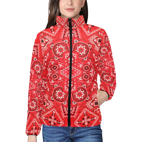 Red Bandana Squares Women's Stand Collar Padded Jacket (Model H41)