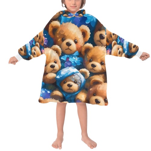 Toy teddy bears, blue ribbons, flowers cool art. Blanket Hoodie for Kids