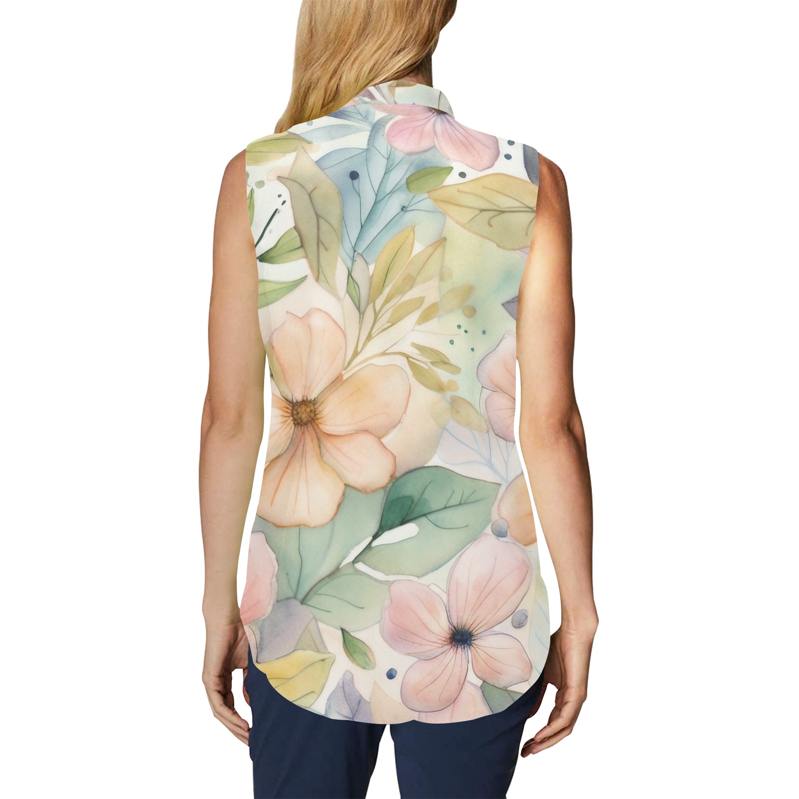 Watercolor Floral 1 Women's Bow Tie V-Neck Sleeveless Shirt (Model T69)