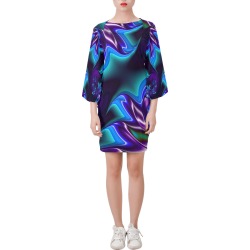 Aqua Blue and Purple Flowers Fractal Abstract Bell Sleeve Dress (Model D52)