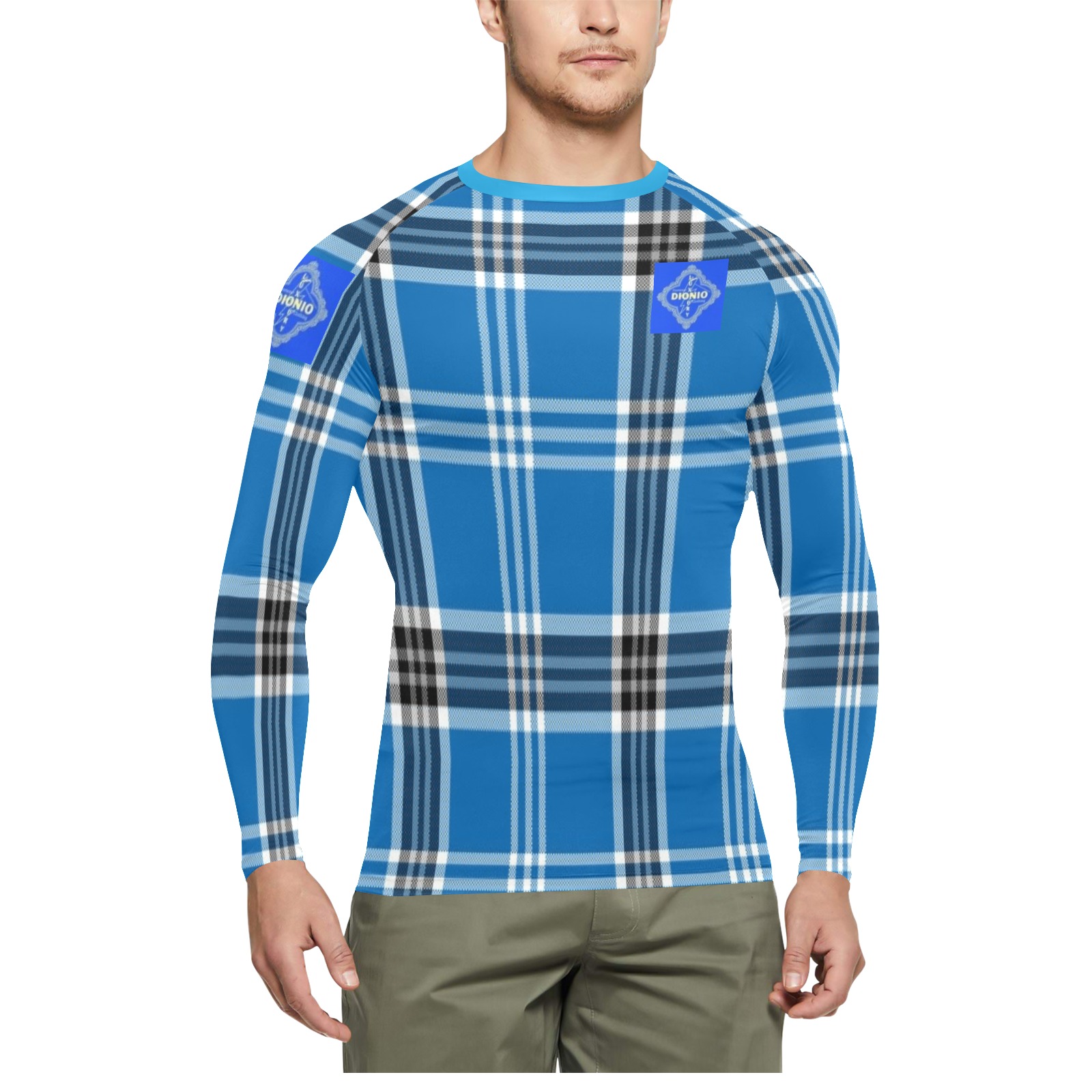DIONIO Clothing - Turquoise & Black Plaid Long Sleeve Swim Shirt (Blue Shield Logo) Men's Long Sleeve Swim Shirt (Model S39)