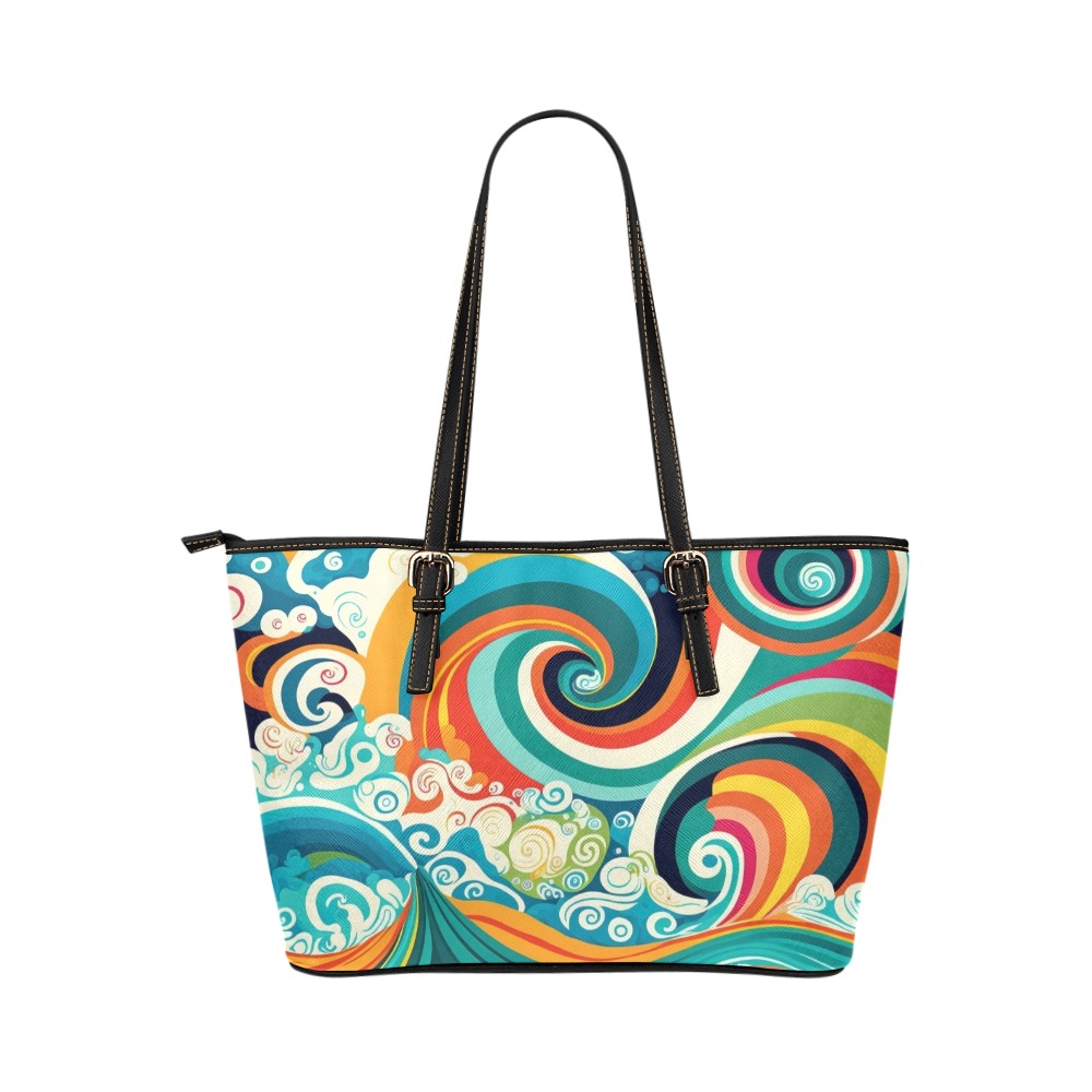 Colorful Ocean Waves Leather Tote Bag/Small (Model 1651)