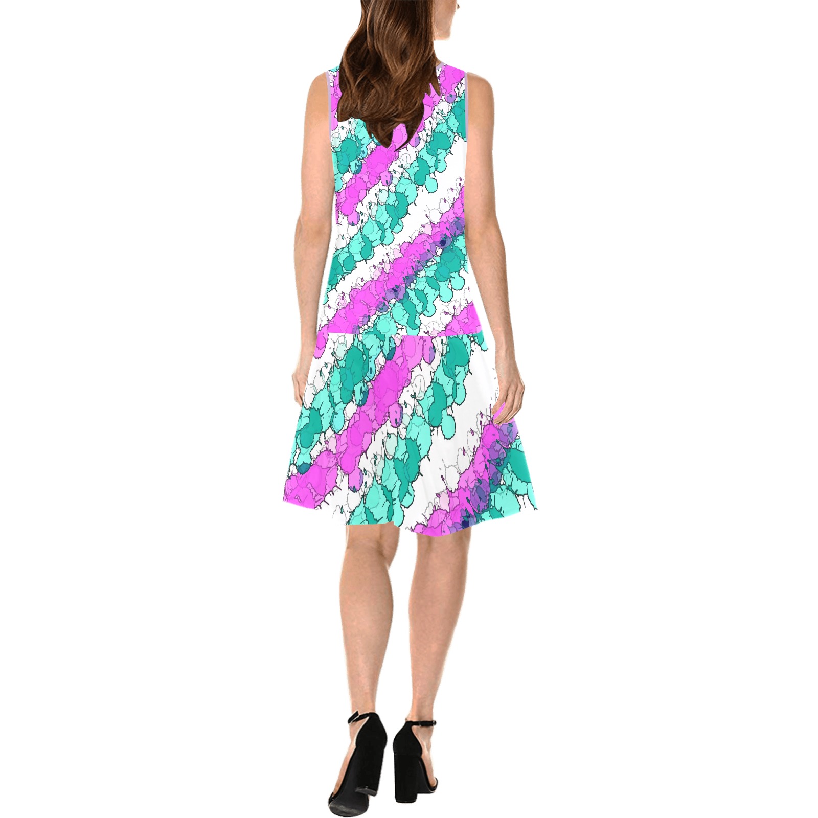 Pink and Teal Splatter Distressed Sleeveless Splicing Shift Dress(Model D17)