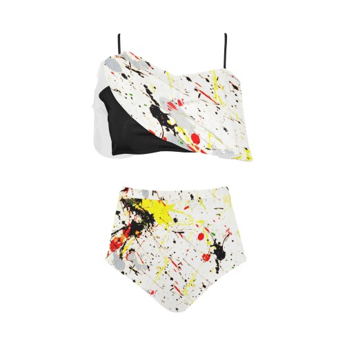 Yellow & Black Paint Splatter - Black High Waisted Ruffle Bikini Set (Model S13)