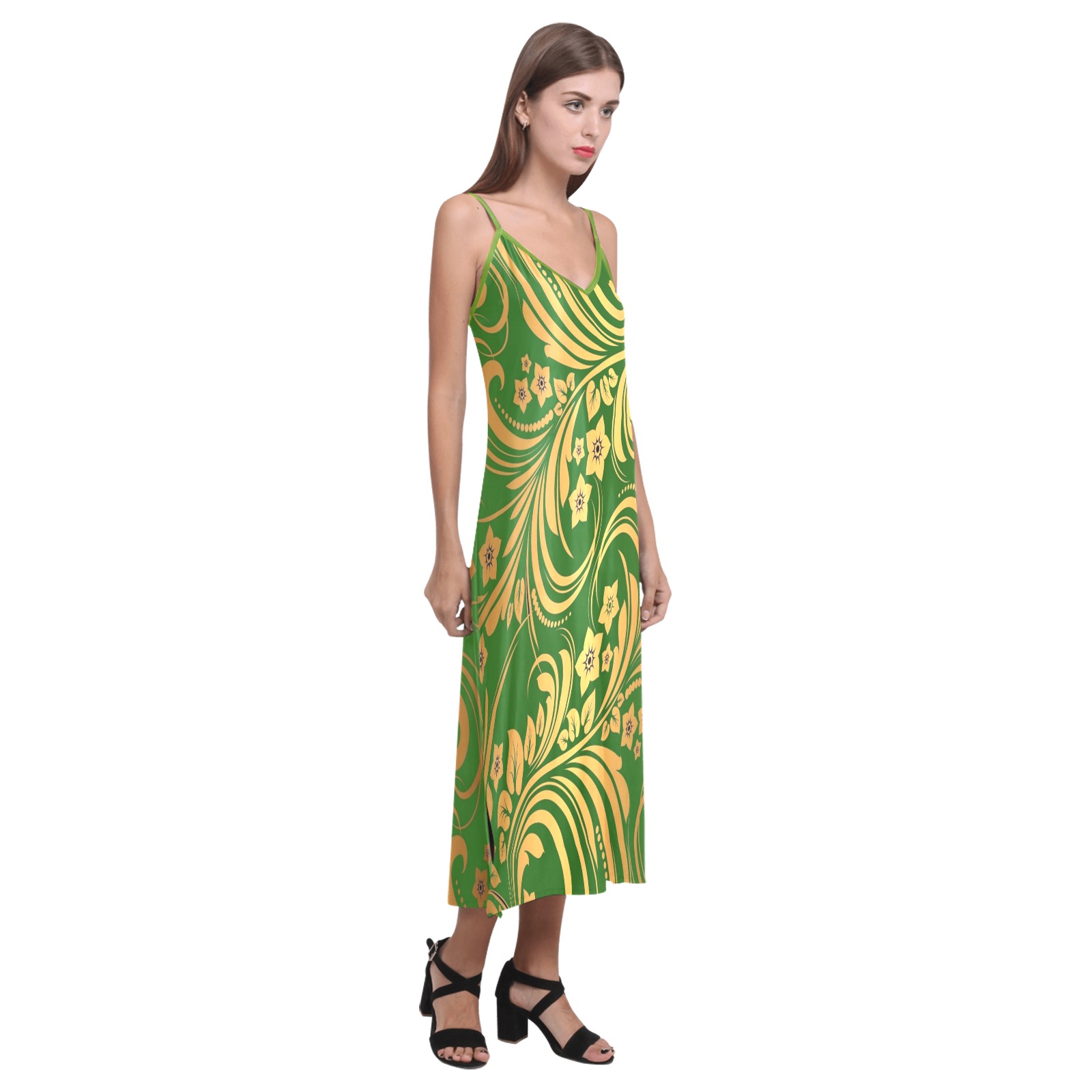 Green & Vintage Gold Print V-Neck Open Fork Long Dress(Model D18)
