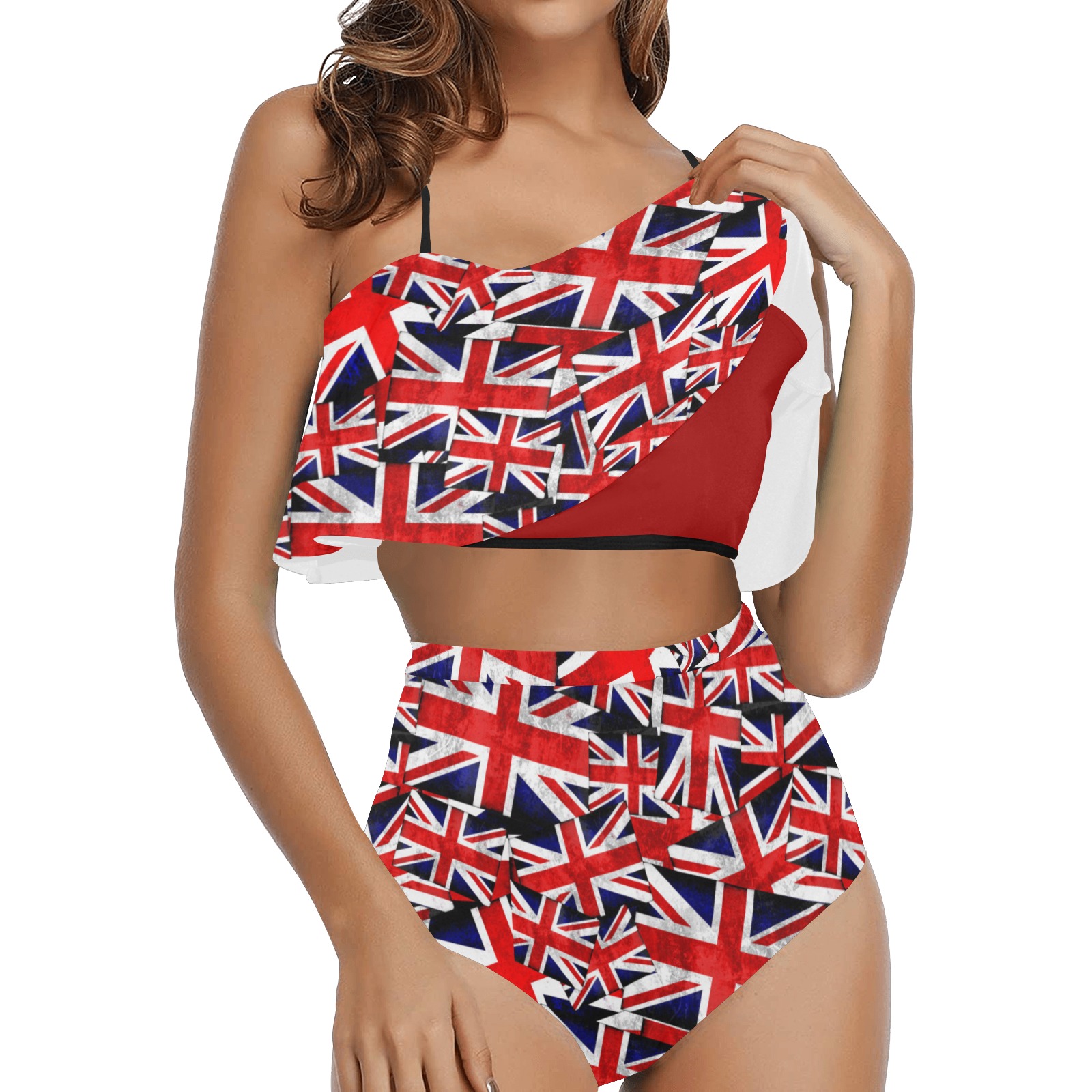 Union Jack British UK Flag High Waisted Ruffle Bikini Set (Model S13)