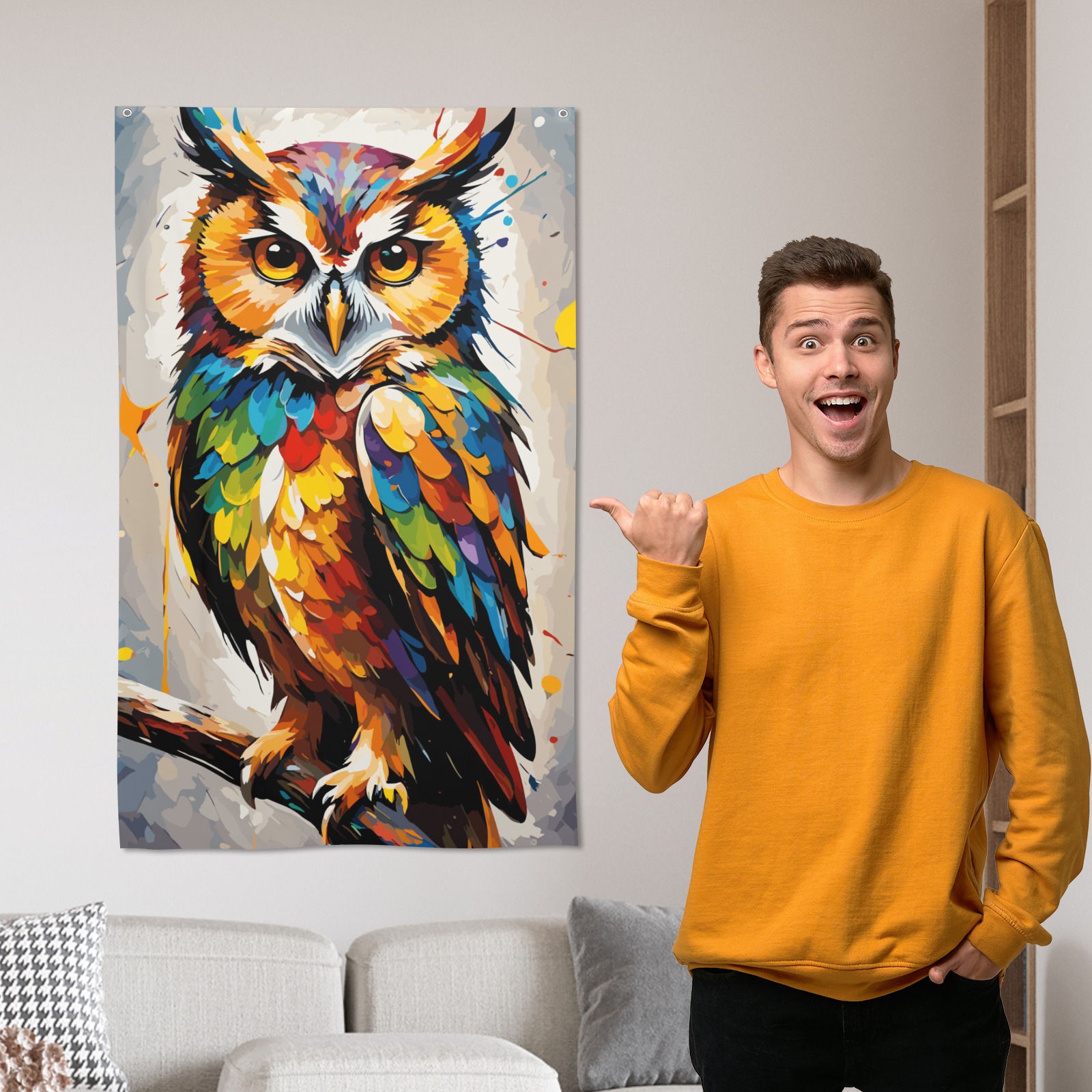 Beautiful owl bird. Stylish colorful fantasy art House Flag 34.5"x56"