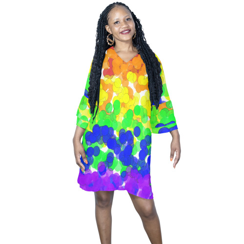 Gay Pride Bokeh Half Sleeves V-Neck Mini Dress (Model D63)