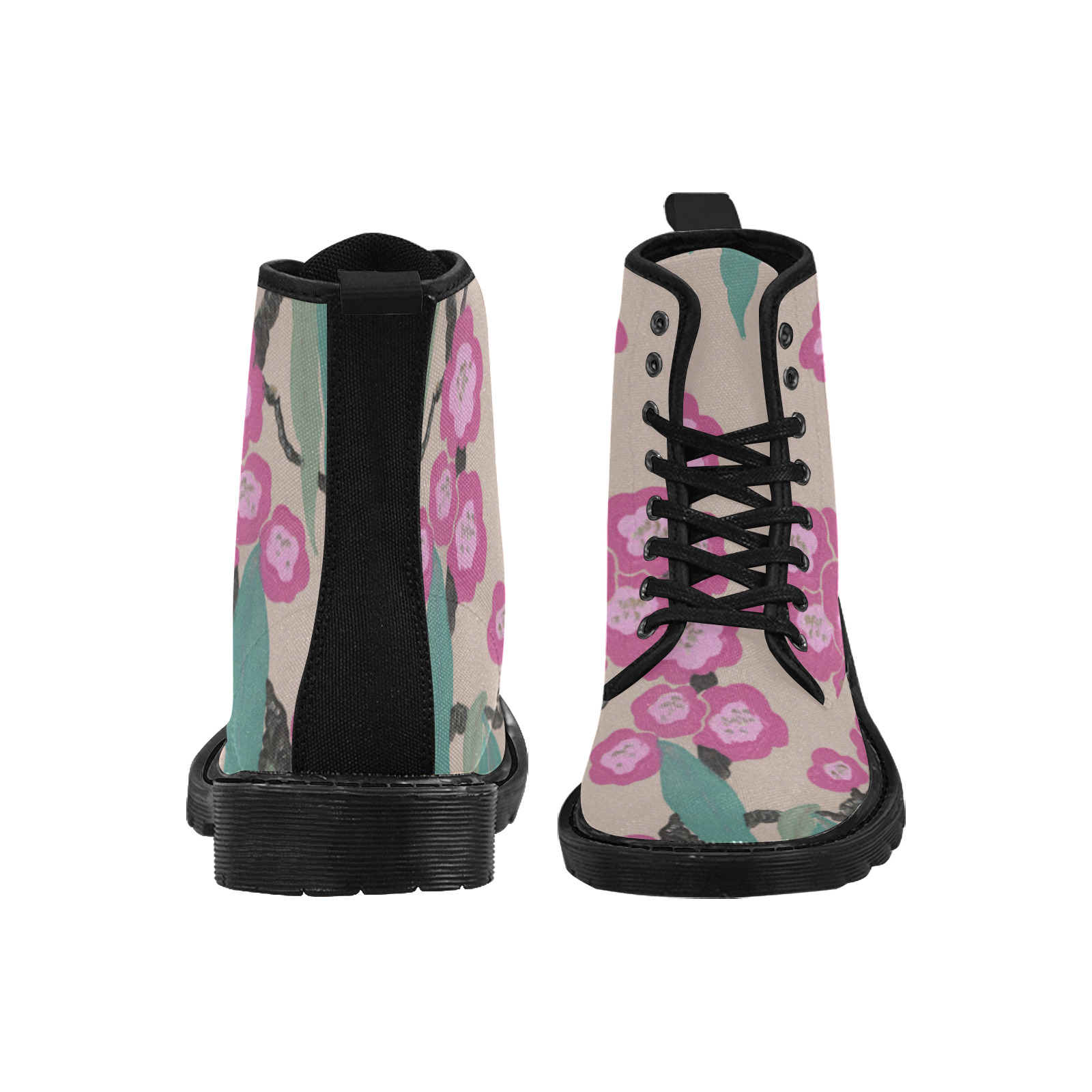 Pink flowers Martin Boots for Women (Black) (Model 1203H)