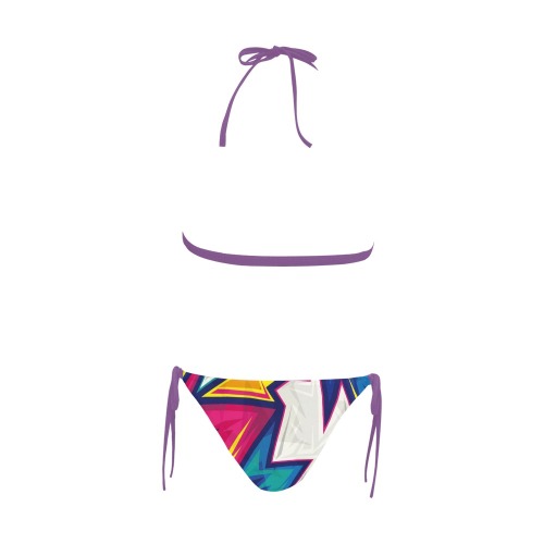 Petty logo 2pc multicolor swimsuit -pinkstraps Buckle Front Halter Bikini Swimsuit (Model S08)