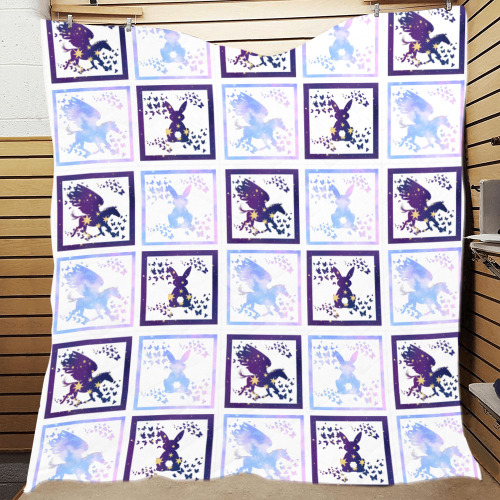 Bunny and Pegasus Together in Blue Patchwork Design Quilt 70"x80"