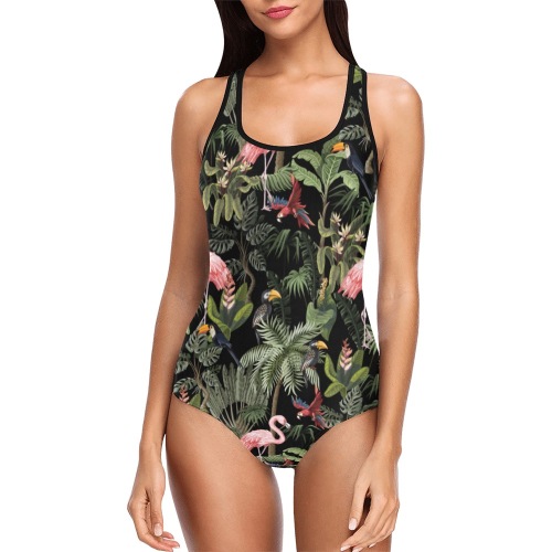 Flamingo Jungle on Black Vest One Piece Swimsuit (Model S04)