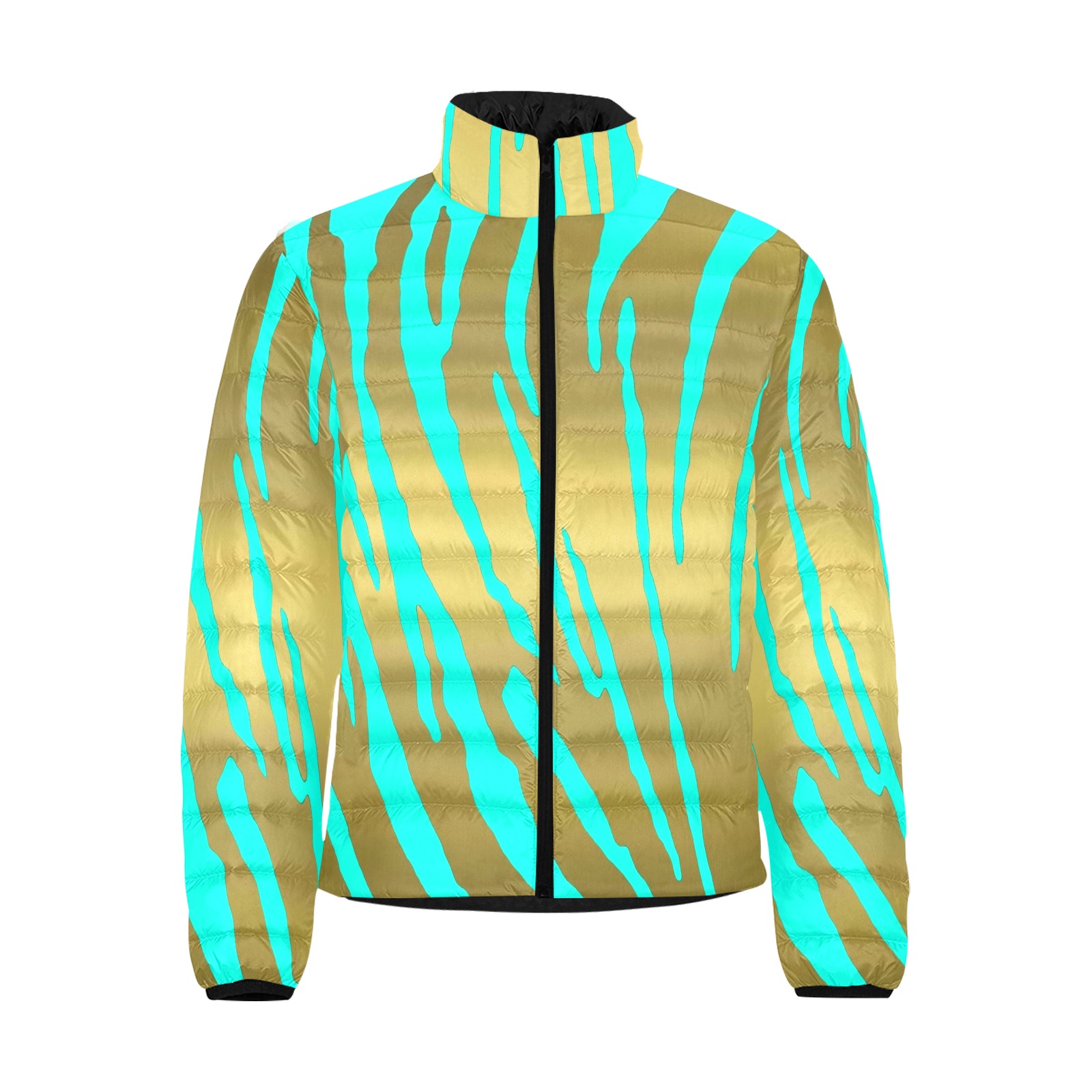 Gold Tiger Stripes Aqua Men's Stand Collar Padded Jacket (Model H41)