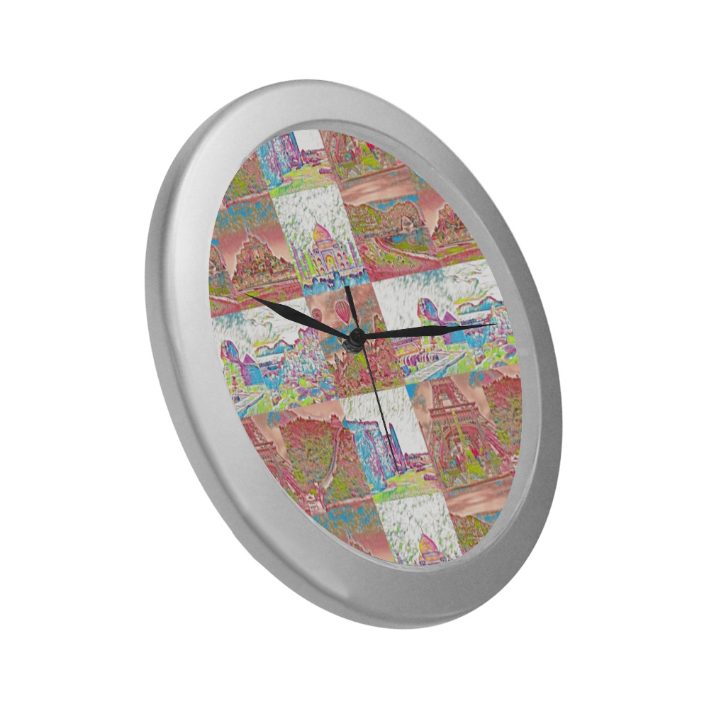First Pink and White World Travel Collage Silver Color Wall Clock