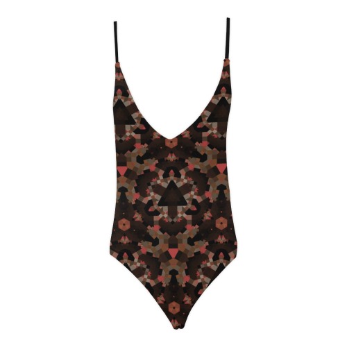 Brown Bronze Geometric Sexy Lacing Backless One-Piece Swimsuit (Model S10)