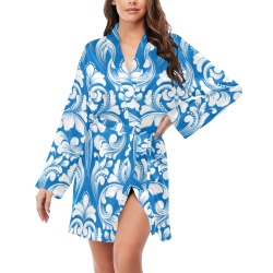 Blue and White Floral Damask Robe Women's Long Sleeve Belted Night Robe