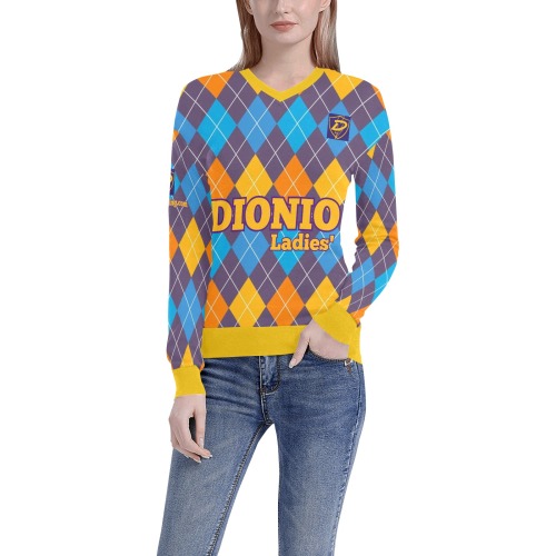 DIONIO Clothing - Ladies' Argyle Purple,Blue & Gold V-Neck Sweater (Purple D-Shield Logo) Women's All Over Print V-Neck Sweater (Model H48)