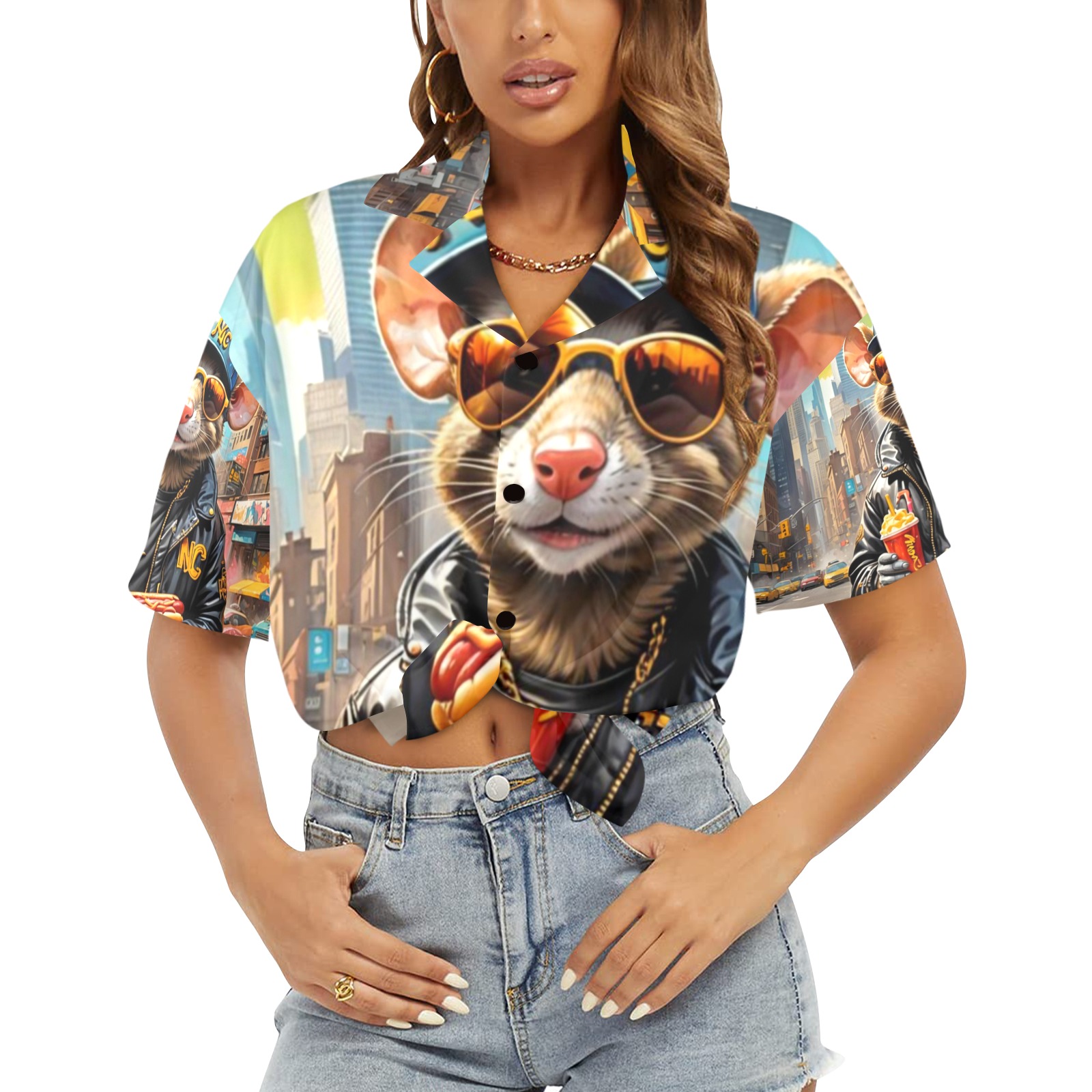 HOT DOG EATING NYC RAT 7 Women's All Over Print Hawaiian Shirt (T58-2)