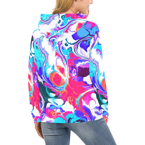 Blue White Pink Liquid Flowing Marbled Ink Abstract All Over Print Hoodie for Women (USA Size) (Model H13)