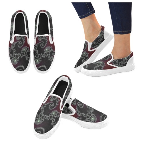 Black and White Lace on Maroon Velvet Fractal Abstract Women's Unusual Slip-on Canvas Shoes (Model 019)