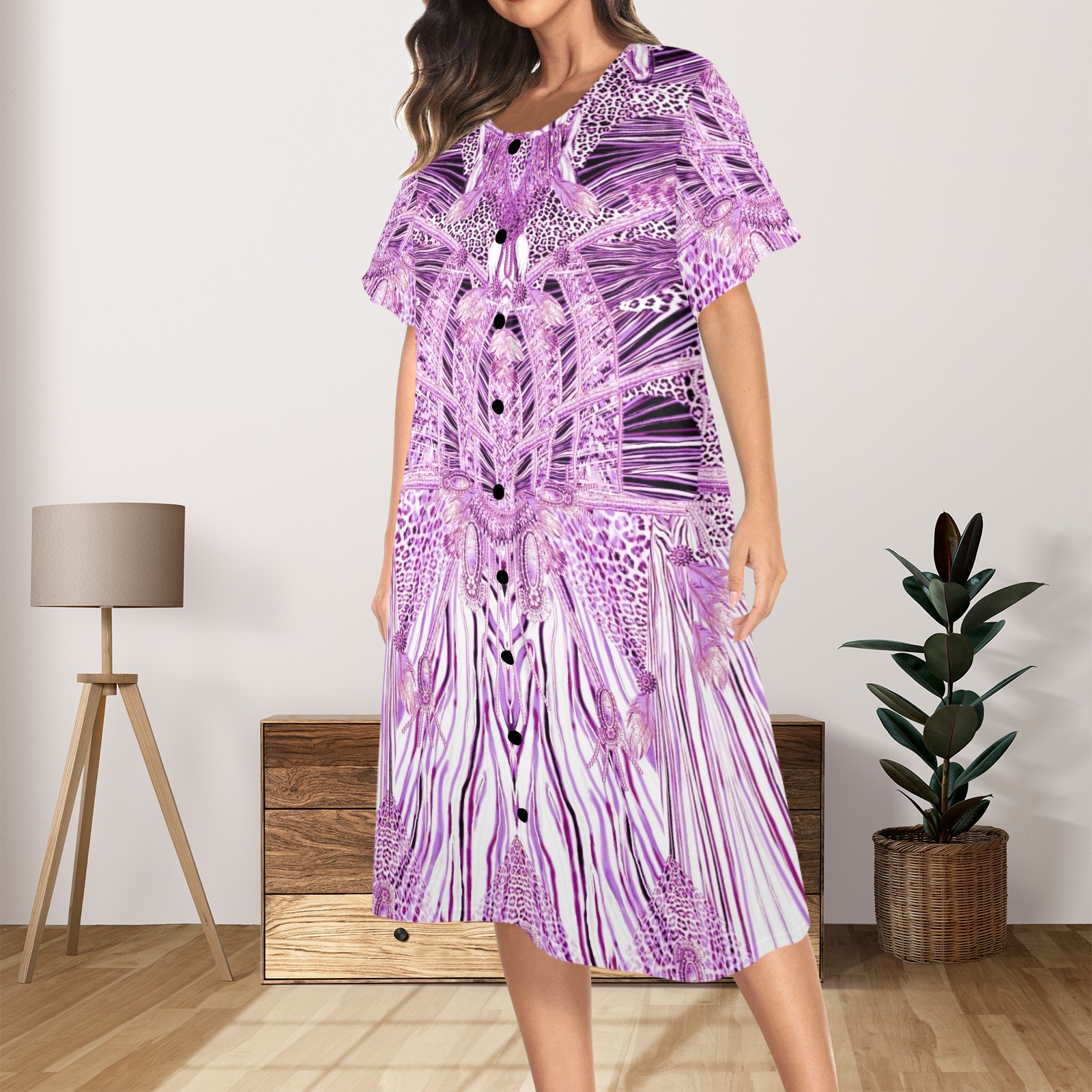 Crazy zebra purple Women's Button Front House Dress