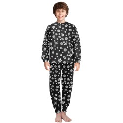 Christmas White Snowflakes on Black Big Boys' Crew Neck Long Pajama Set