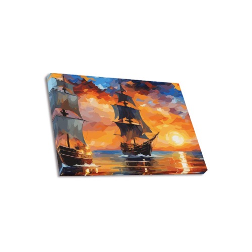 Two pirate ships sail by the island at sunset. Upgraded Canvas Print 18"x12"