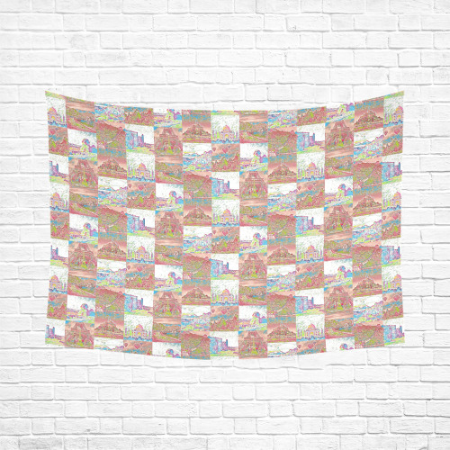 First Pink and White World Travel Collage Cotton Linen Wall Tapestry 80"x 60"