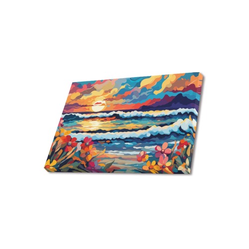 Ocean surf at sunset. Tropical flowers. Cool art. Upgraded Canvas Print 18"x12"