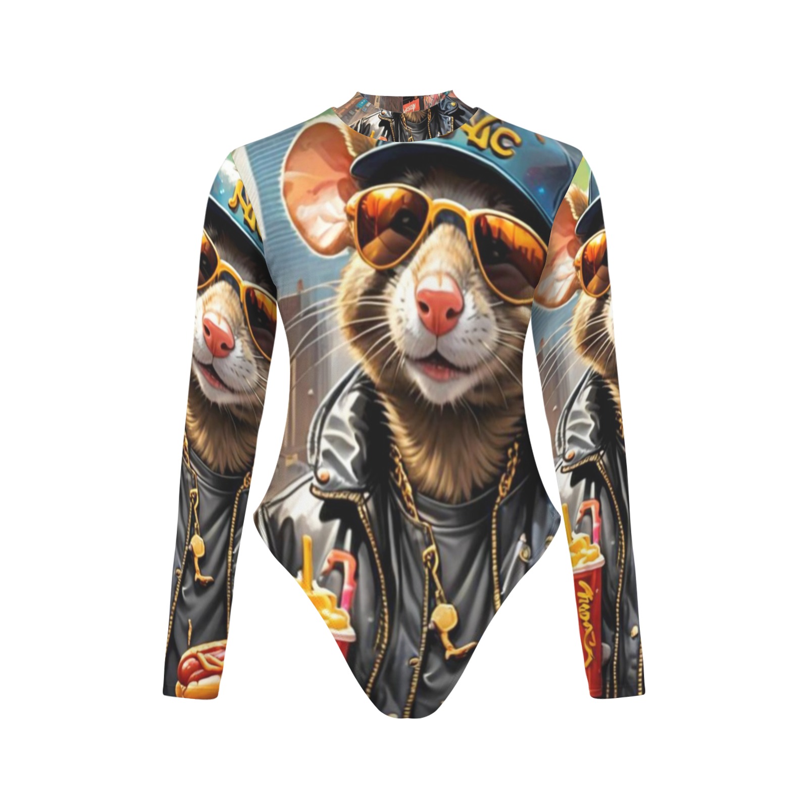 HOT DOG EATING NYC RAT 7 Backless Long Sleeve One-Piece Swimsuit (Model S60)