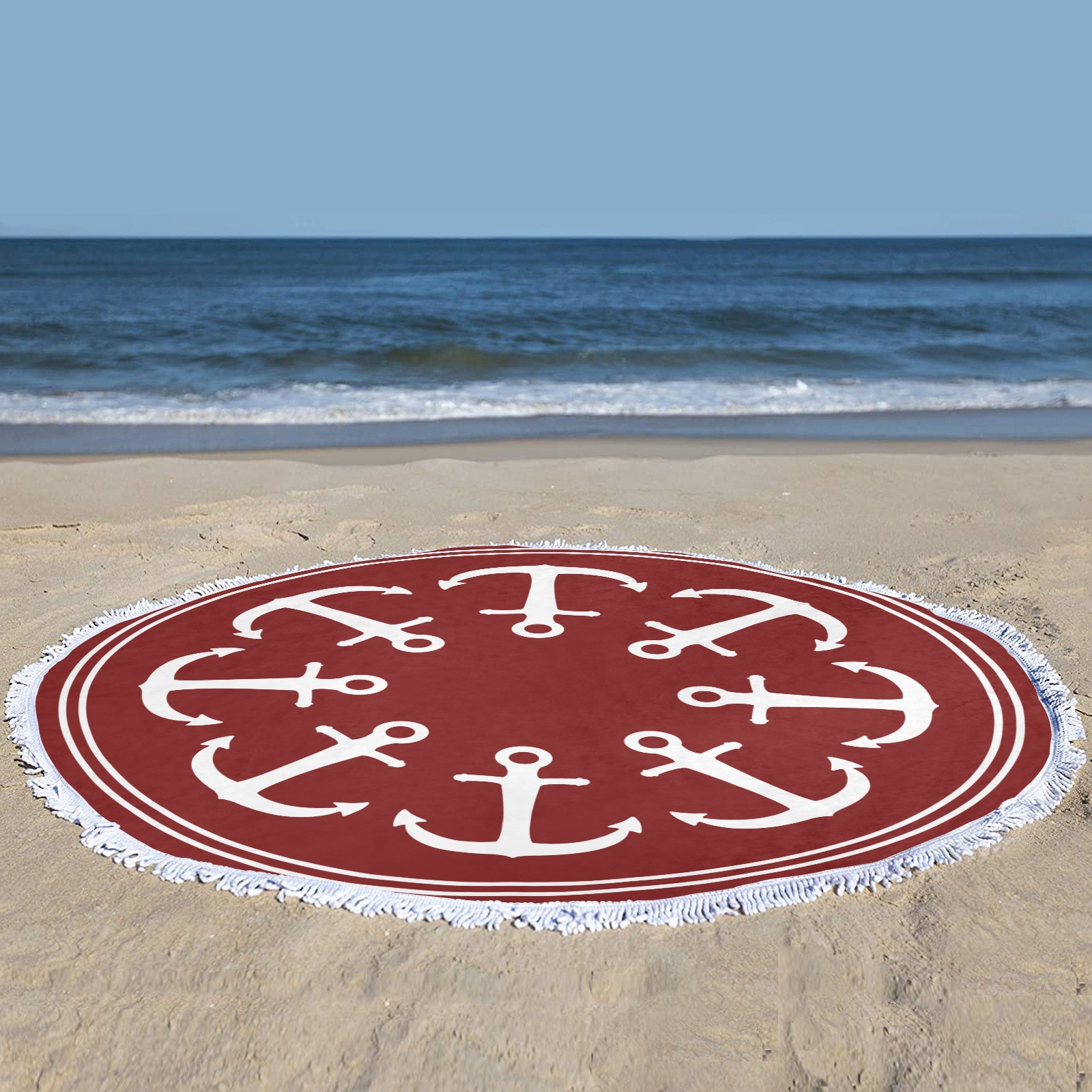 Anchors on Red Circular Beach Shawl Towel 59"x 59"