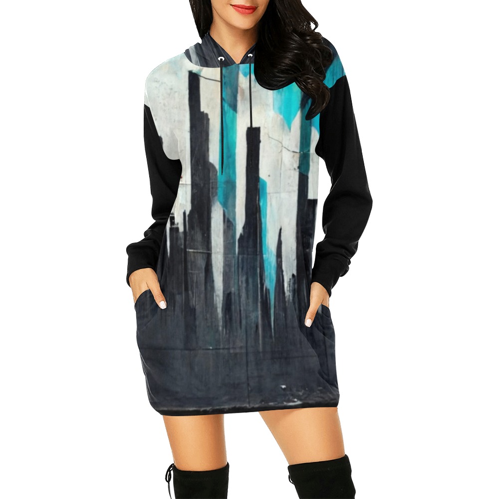 graffiti buildings black white and turquoise 1 All Over Print Hoodie Mini Dress (Model H27)