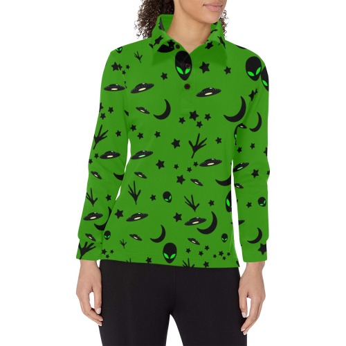 Aliens and Spaceships on Green Women's Long Sleeve Polo Shirt (Model T73)
