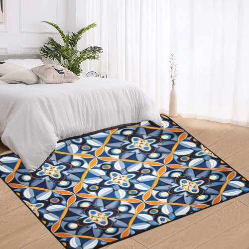 repeating geometric pattern, blue and orange Area Rug with Black Binding 7'x5'