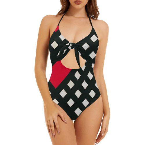 Counter-composition XV by Theo van Doesburg- Backless Hollow Out Bow Tie Swimsuit (Model S17)