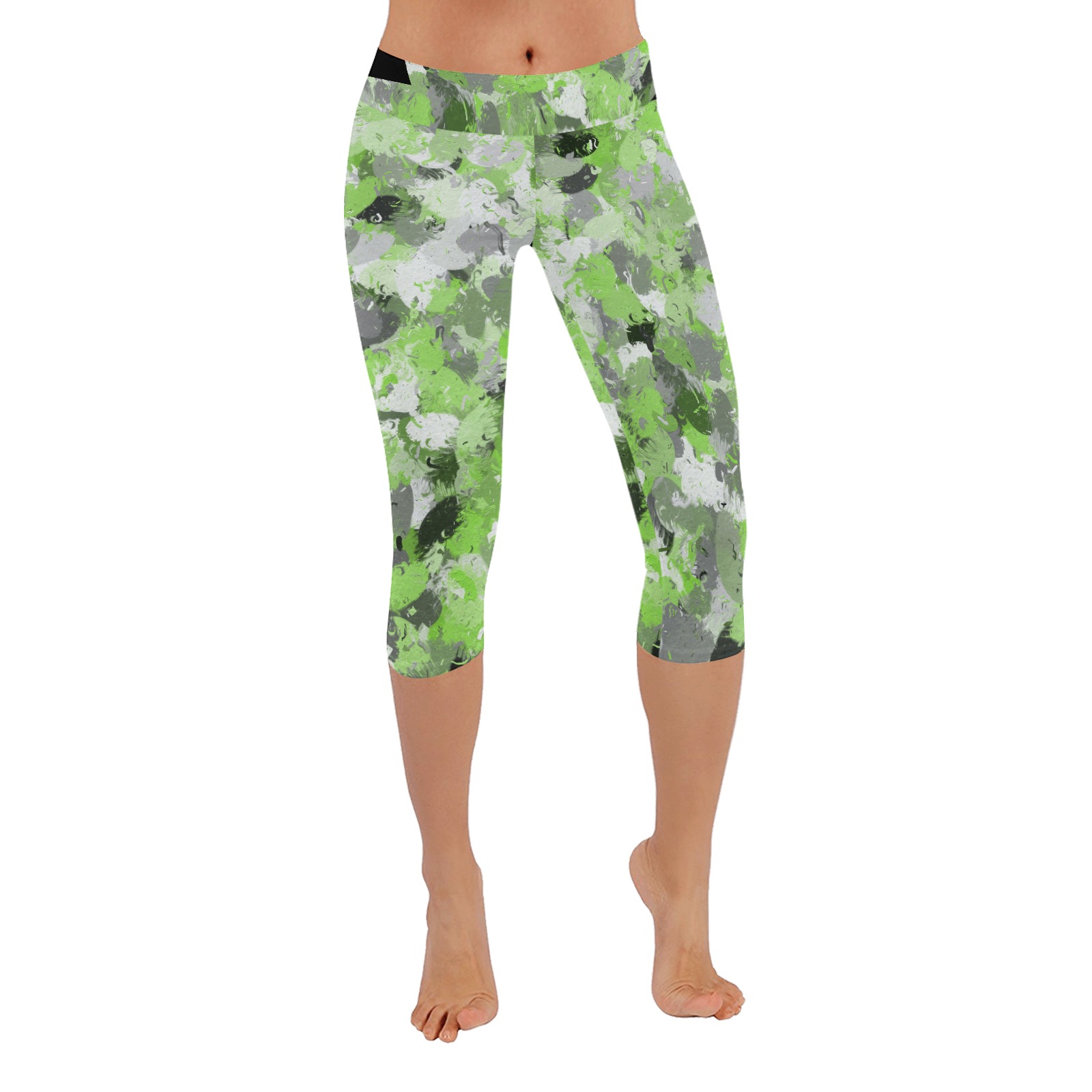 Lime Green and Gray Paintballs Women's Low Rise Capri Leggings (Invisible Stitch) (Model L08)