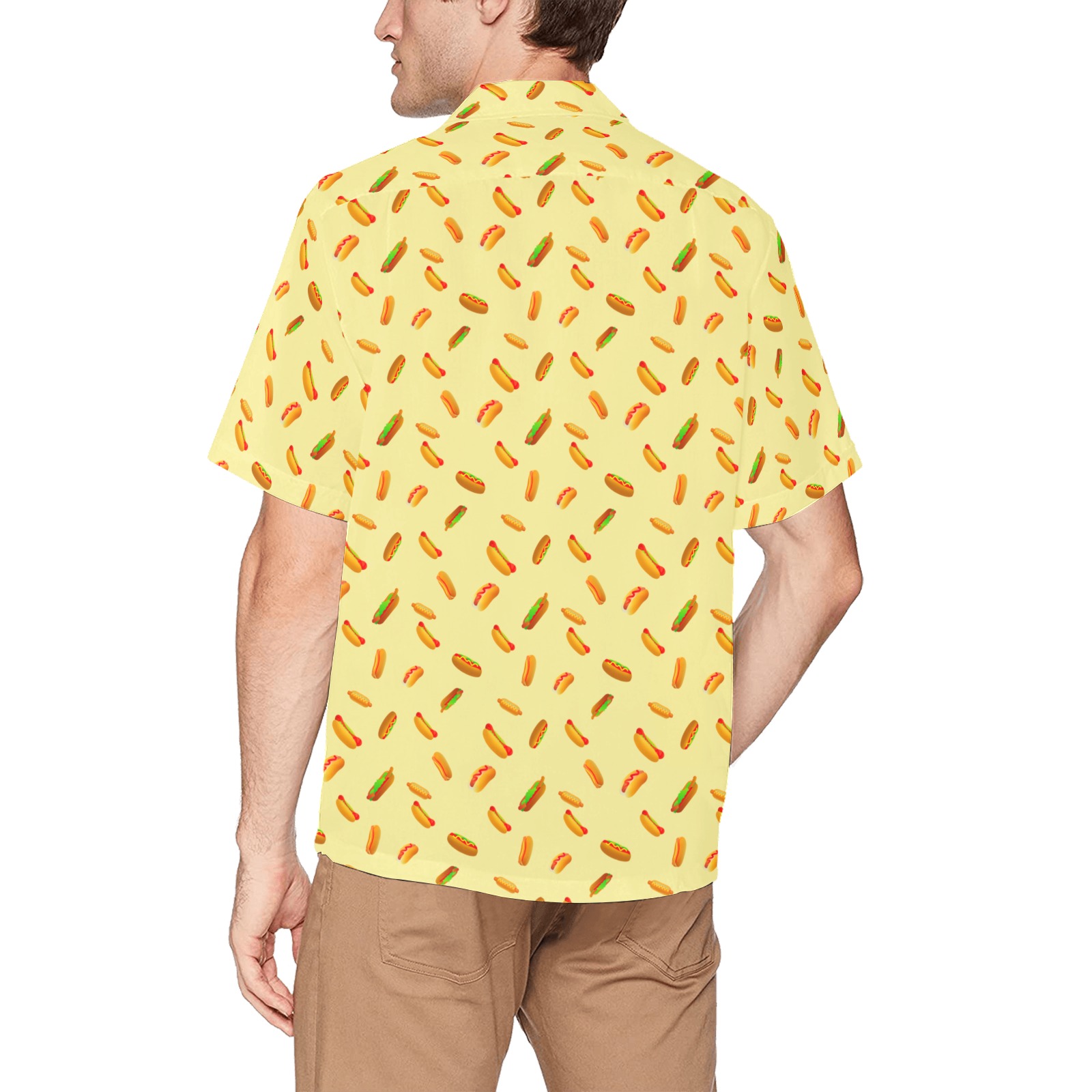 Hot Dog Pattern on Yellow Hawaiian Shirt with Chest Pocket (Model T58)