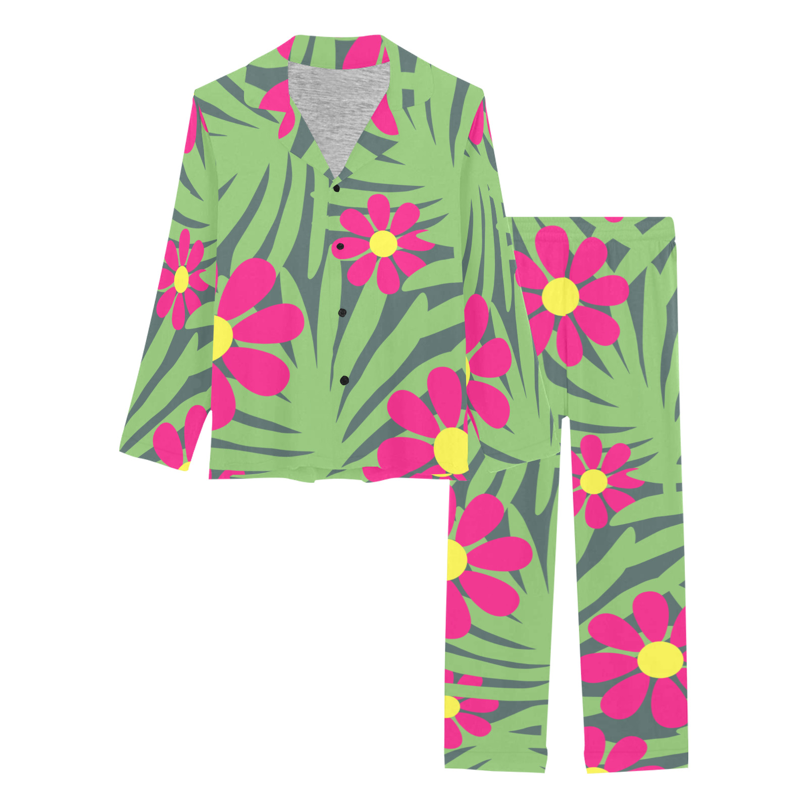 Pink Exotic Paradise Jungle Flowers and Leaves Women's Long Pajama Set