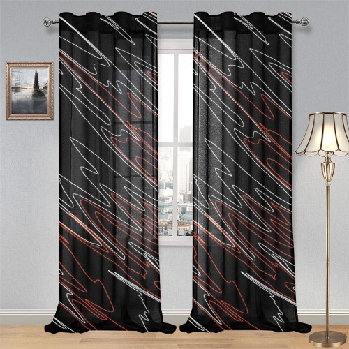 Marbled Black Red Gauze Curtain 28"x95" (Two-Piece)