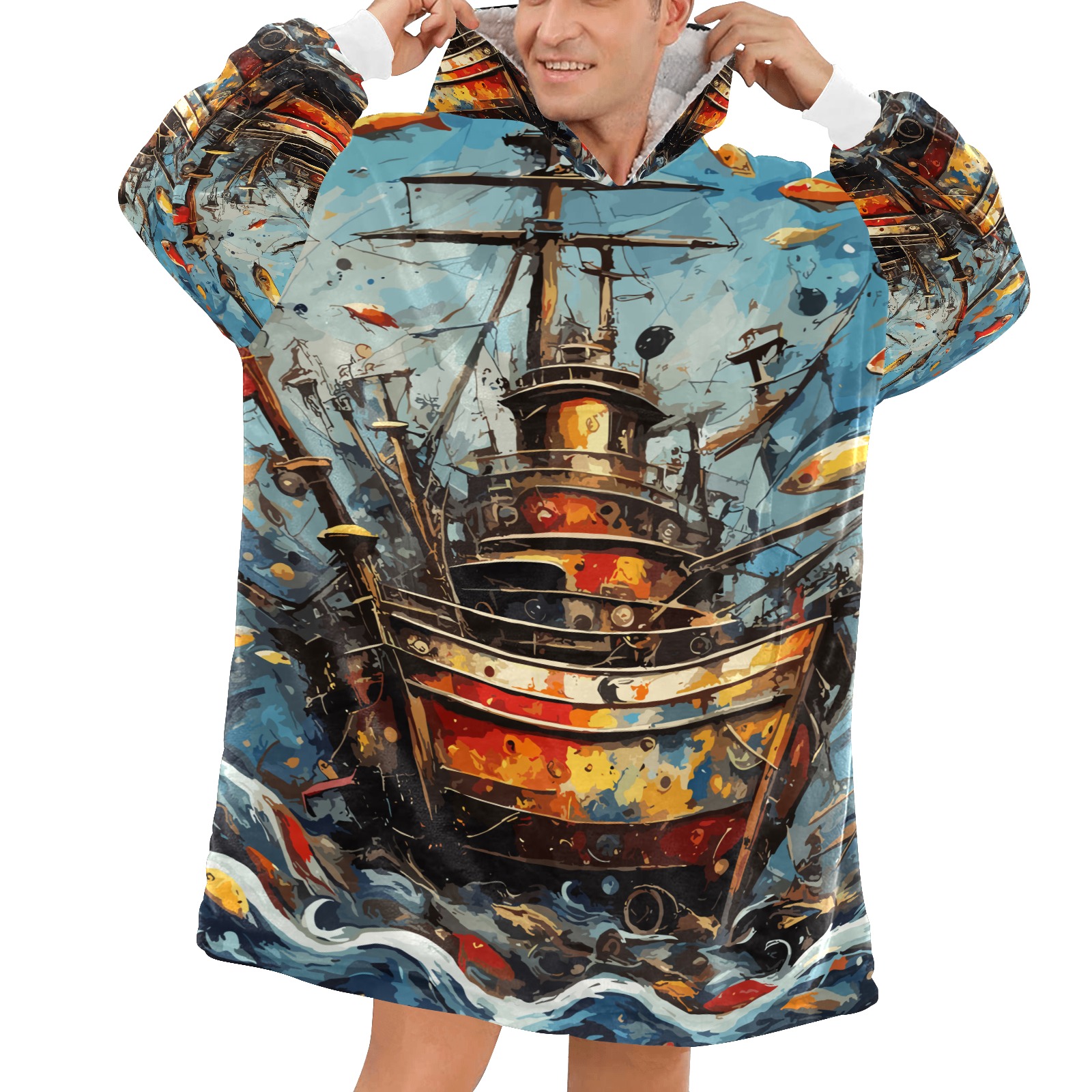 Funny imaginative boat and fishes abstract art. Blanket Hoodie for Men