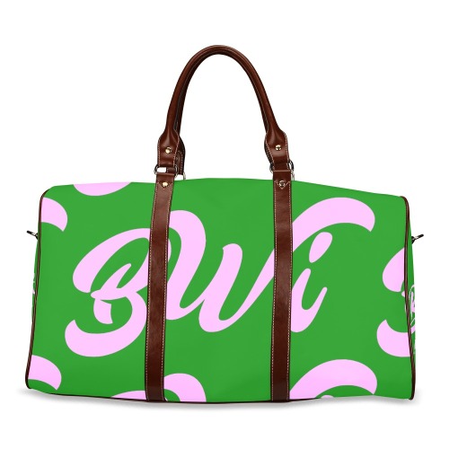 BWi Travel Bag: Green w/ Pink Font (Brown Leather Straps) Waterproof Travel Bag/Large (Model 1639)
