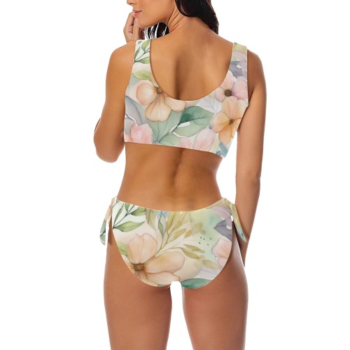 Watercolor Floral 1 Bow Tie Front Bikini Swimsuit (Model S38)