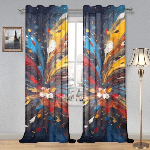 Cool colorful abstract art, dark bluish background Gauze Curtain 28"x95" (Two-Piece)