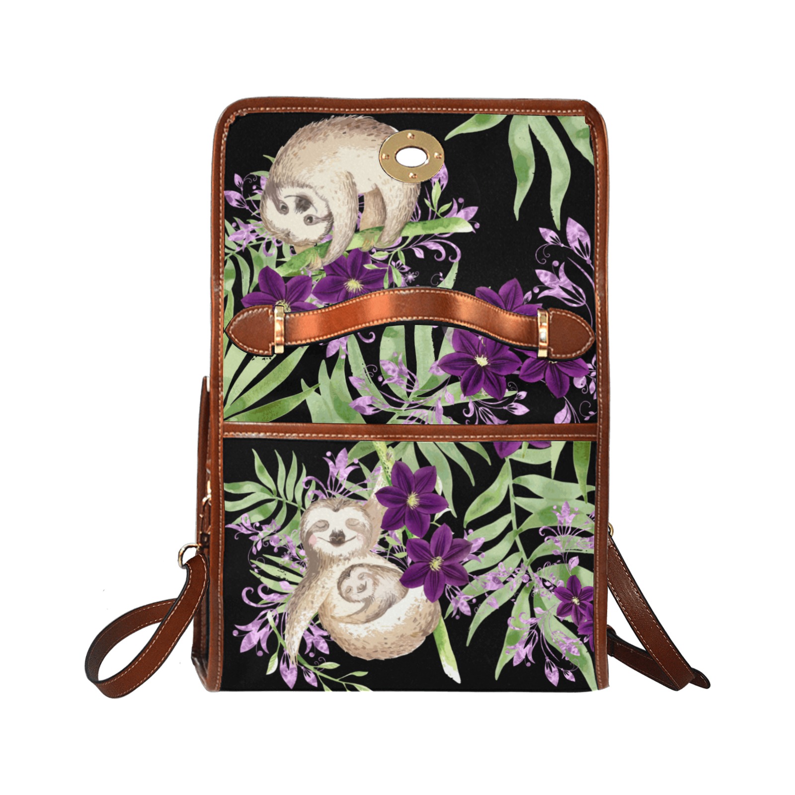 Purple flower sloth Satchel Waterproof Canvas Bag-Brown (All Over Print) (Model 1641)