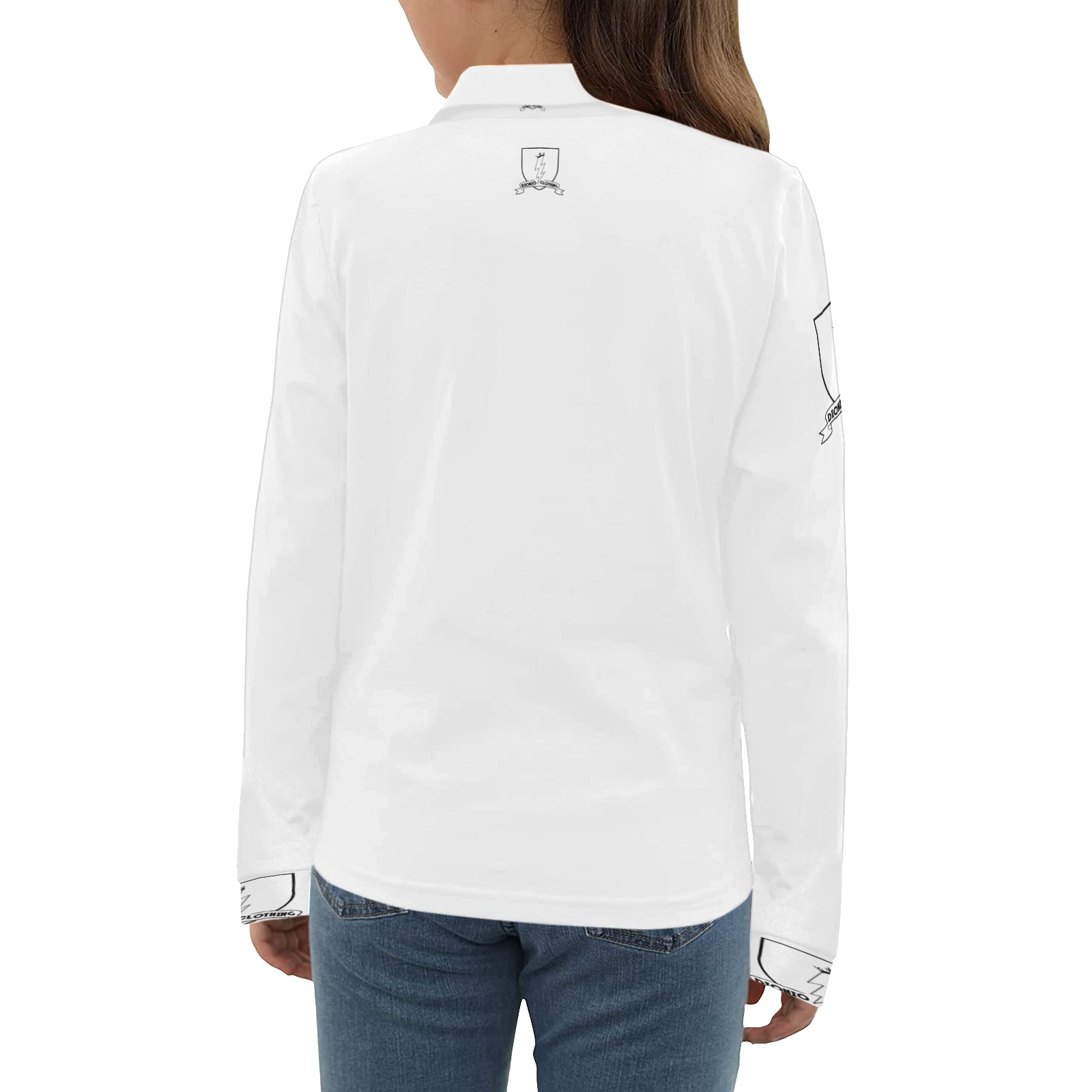 DIONIO Clothing - Ladies Long Sleeve Polo Shirt (White, White & Black Logo) Big Girls' All Over Print Long Sleeve Polo Shirt (Model T73)