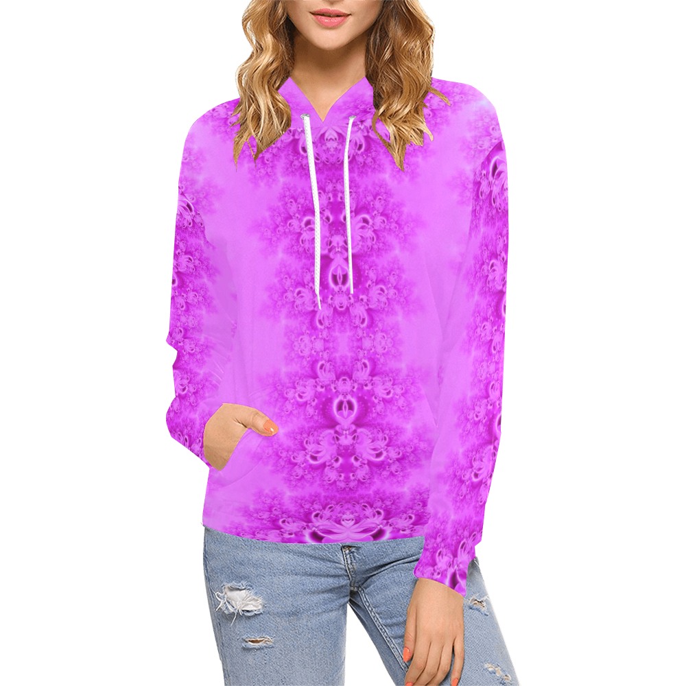 Soft Violet Flowers Frost Fractal All Over Print Hoodie for Women (USA Size) (Model H13)