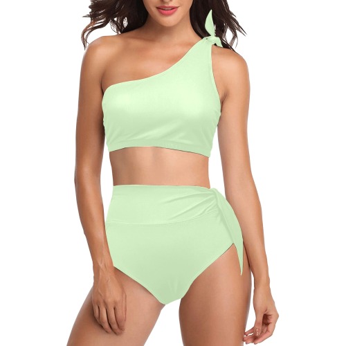 color tea green High Waisted One Shoulder Bikini Set (Model S16)